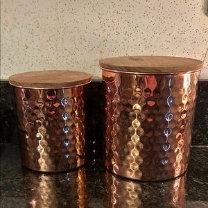 Uncommon James Copper Hammered Canister Set with Wooden Lids